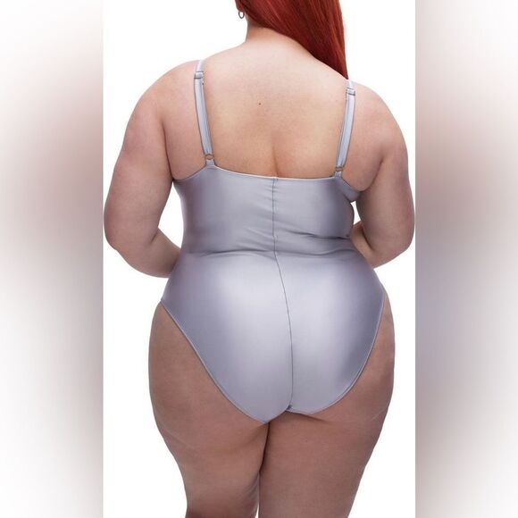 GOOD AMERICAN Silver Satin One Piece‎ Swimsuit Always Ruched Size 7 4X 4XL New - Picture 5 of 13